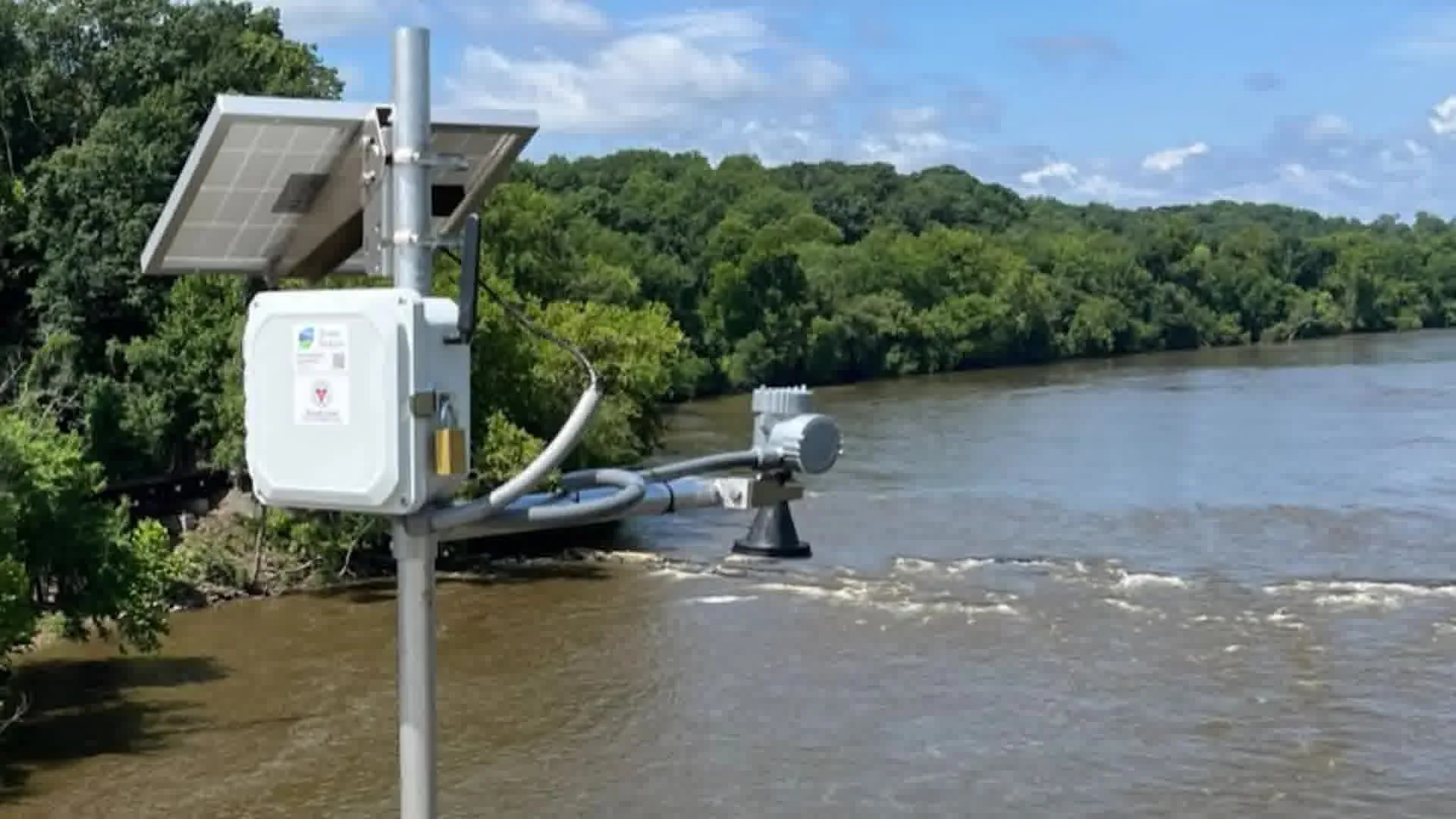 Solar-powered hydrology monitoring station on a river